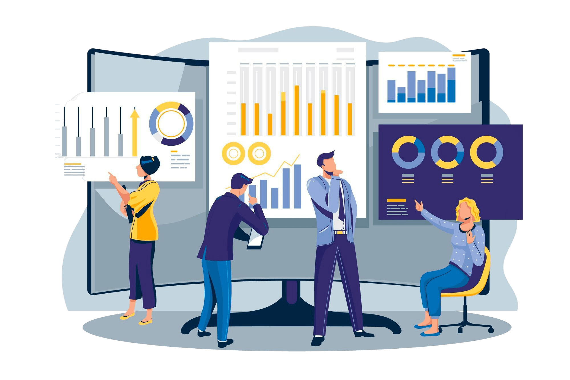 Data analytics dashboards and business intelligence charts displaying real-time enterprise metrics
