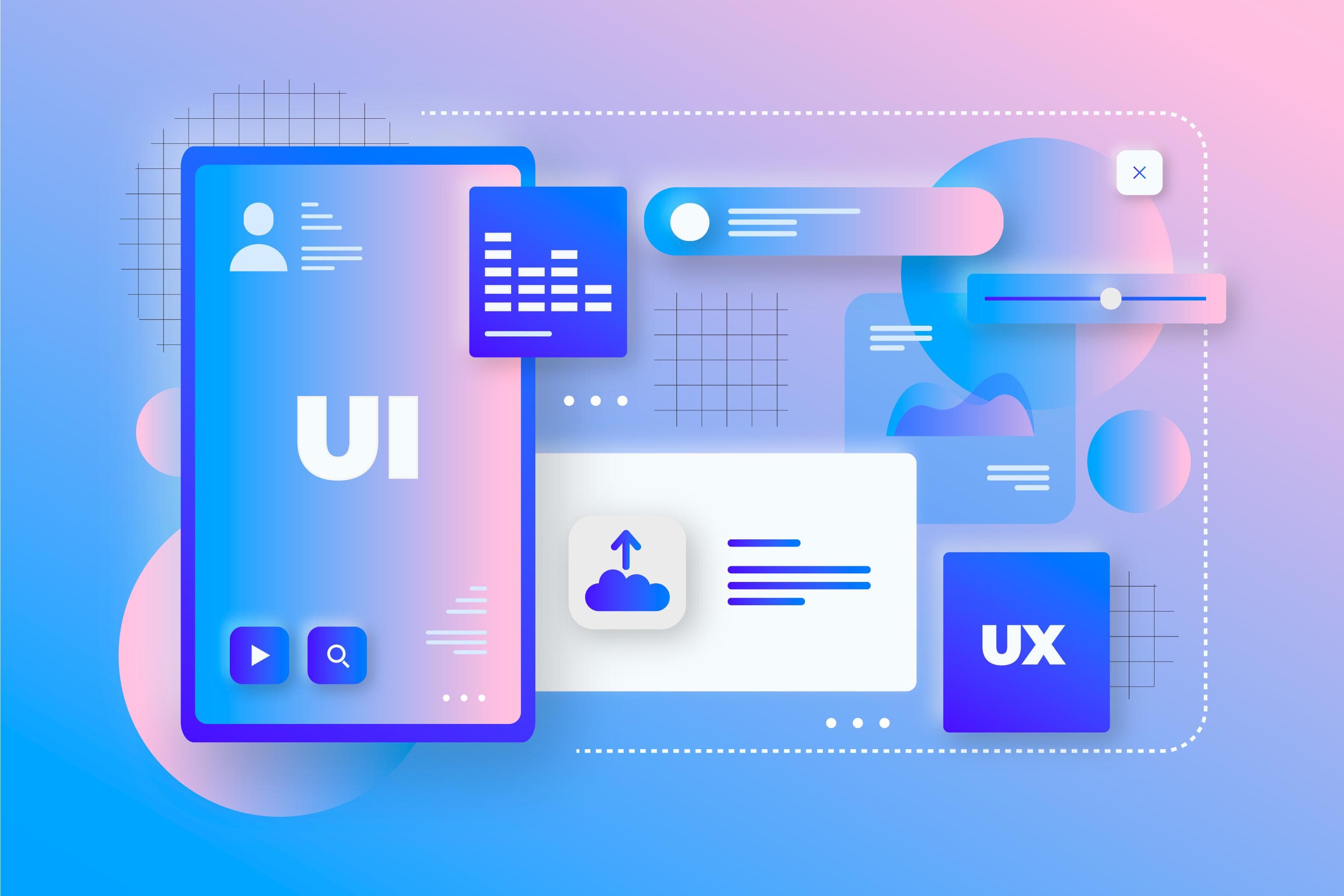 Wireframes and colorful digital layouts showcasing B2B SaaS UI/UX redesign and scalable design systems